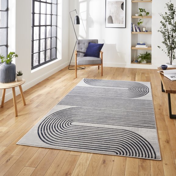 Apollo 2683 Modern Swirl Metallic Rug - Grey/Navy
