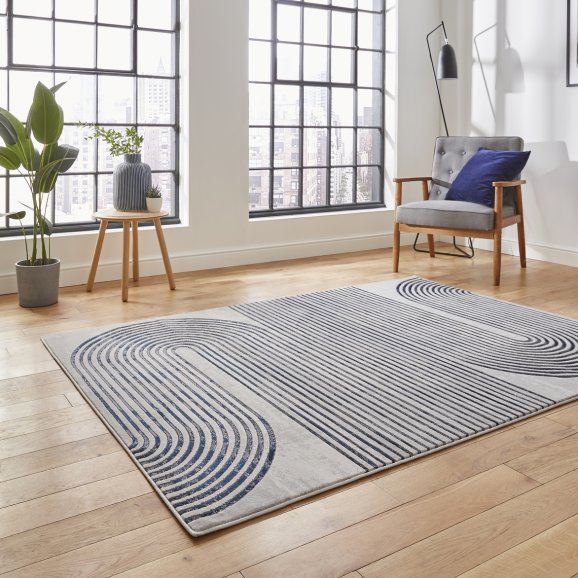 Apollo 2683 Modern Swirl Metallic Rug - Grey/Navy