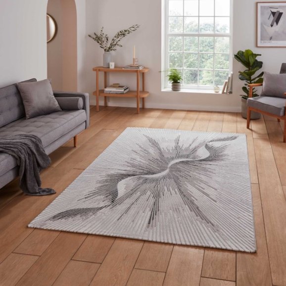 Creation 50156 Modern Multi Textured Super Soft Helix Rug - Silver/Beige