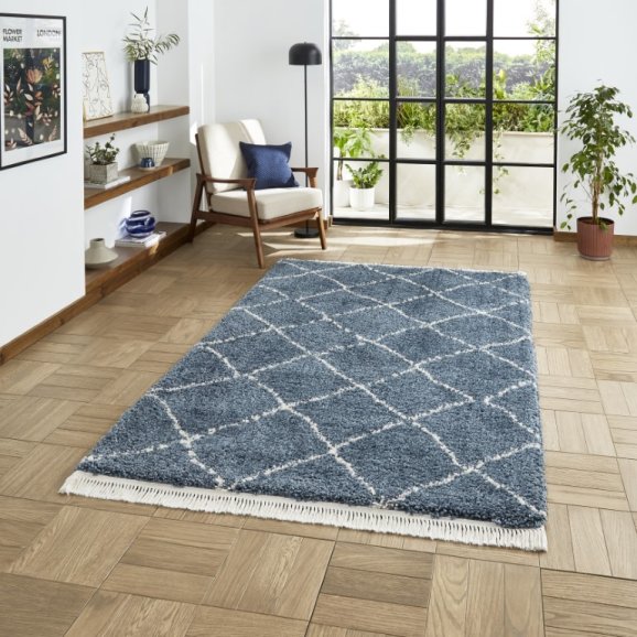 Boho 5413 Modern Shaggy Moroccan Rug Blue