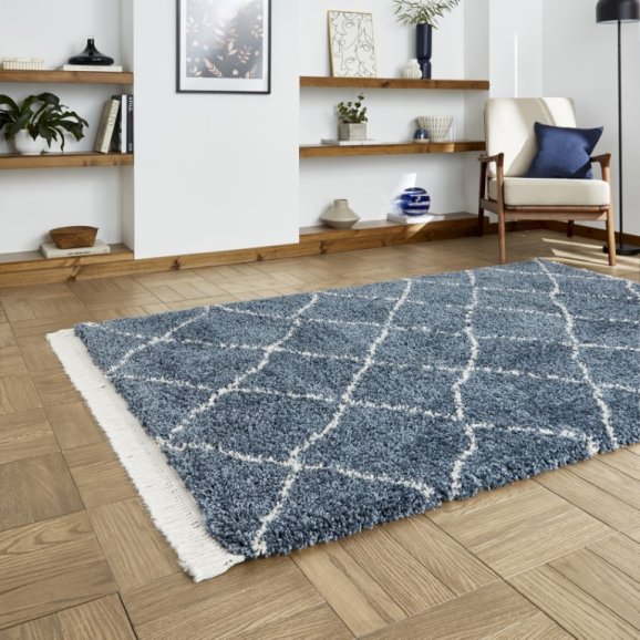 Boho 5413 Modern Shaggy Moroccan Rug Blue