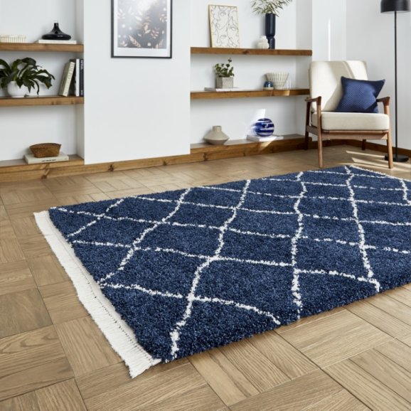Boho 5413 Modern Shaggy Moroccan Rug Navy