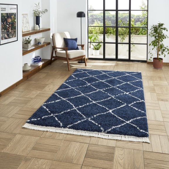 Boho 5413 Modern Shaggy Moroccan Rug Navy