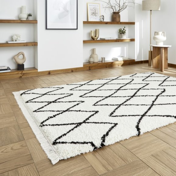 Boho 8280 Modern Shaggy Moroccan Rug White/Black