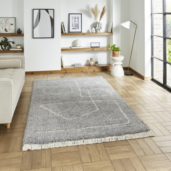 Boho A474 Modern Shaggy Abstract Rug - Grey/Cream
