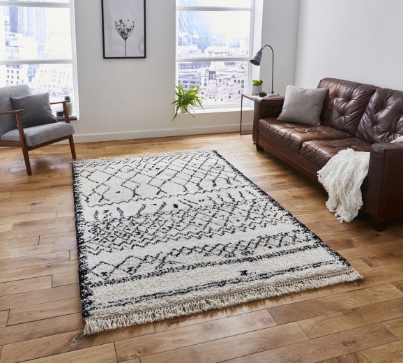 Boho 5402 Modern Shaggy Moroccan Rug Black/White