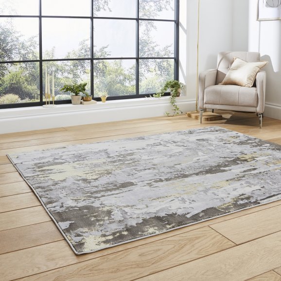 Apollo GR580 Modern Distressed Abstract Metallic Rug Grey/Gold