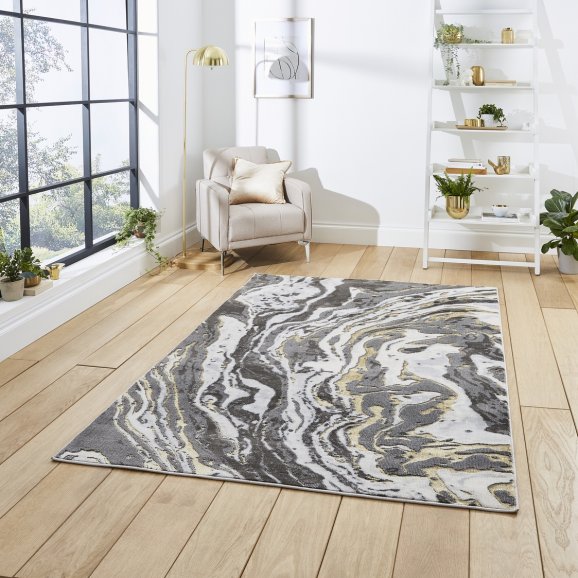 Apollo GR584 Modern Marble Metallic Rug - Grey/Gold