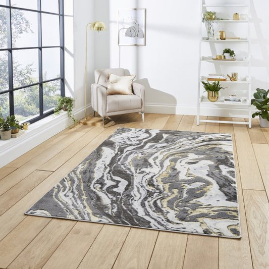 Apollo GR584 Modern Marble Metallic Rug - Grey/Gold