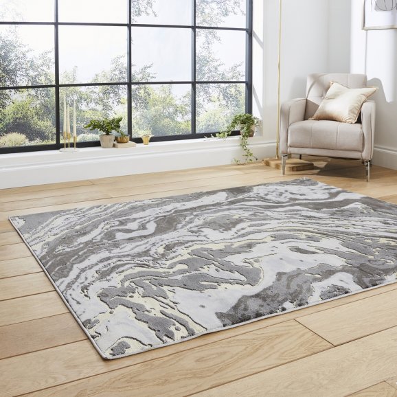 Apollo GR584 Modern Marble Metallic Rug - Grey/Gold