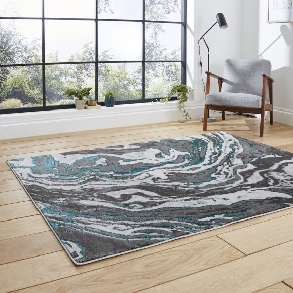 Apollo GR584 Modern Marble Metallic Rug - Grey/Green