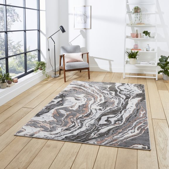 Apollo GR584 Modern Marble Metallic Rug - Grey/Rose