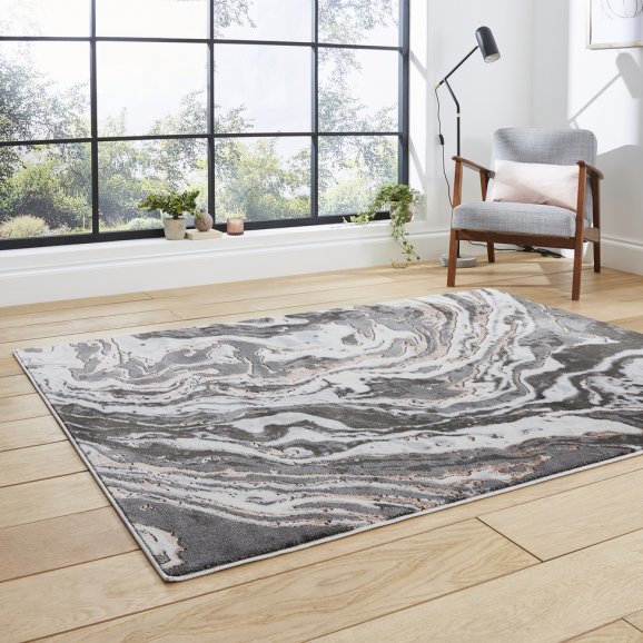 Apollo GR584 Modern Marble Metallic Rug - Grey/Rose