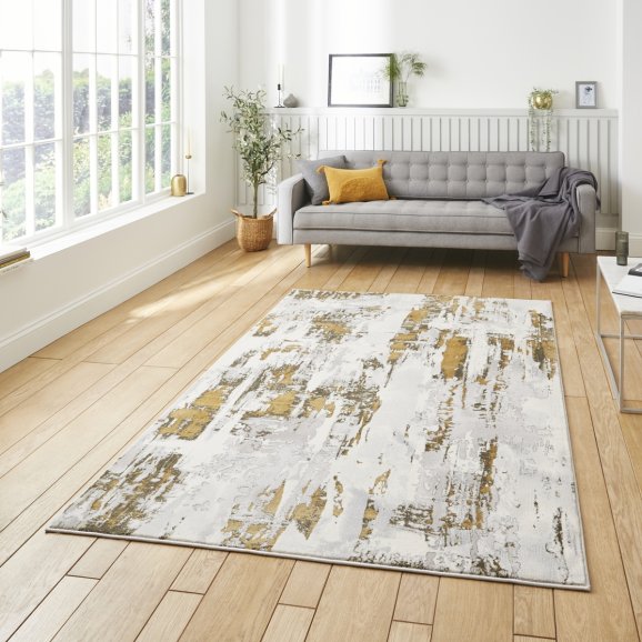 Apollo GR579 Modern Distressed Metallic Rug Grey/Gold