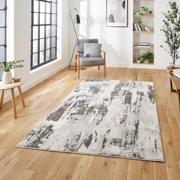 Apollo GR579 Modern Distressed Metallic Rug Grey/Ivory