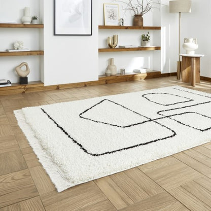 Boho A474 Modern Shaggy Abstract Rug - White/Black